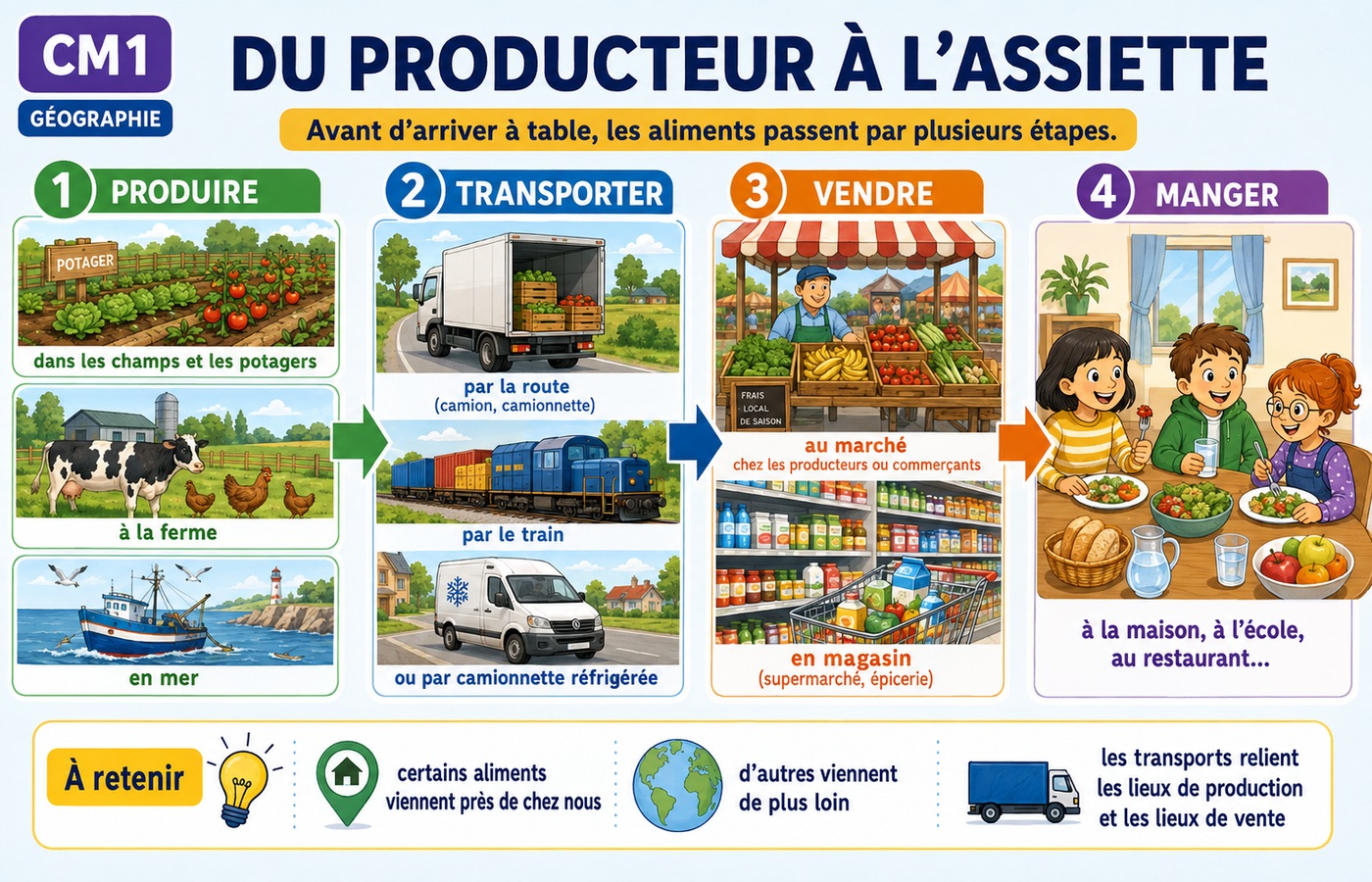 Du producteur à l’assiette : produire, transporter, vendre puis consommer.