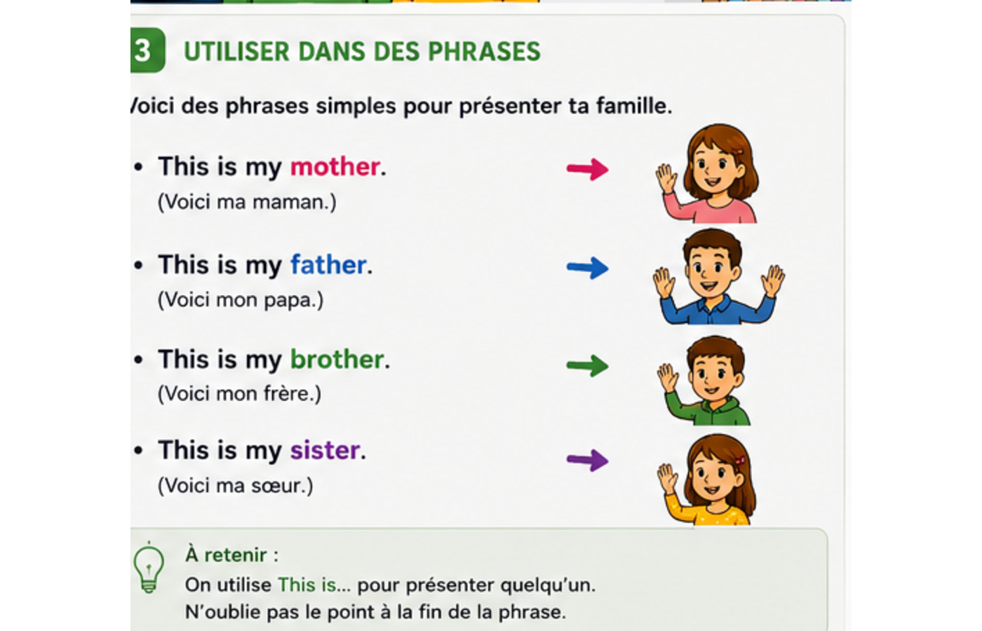 Un élève présente les membres de sa famille avec la structure This is my.