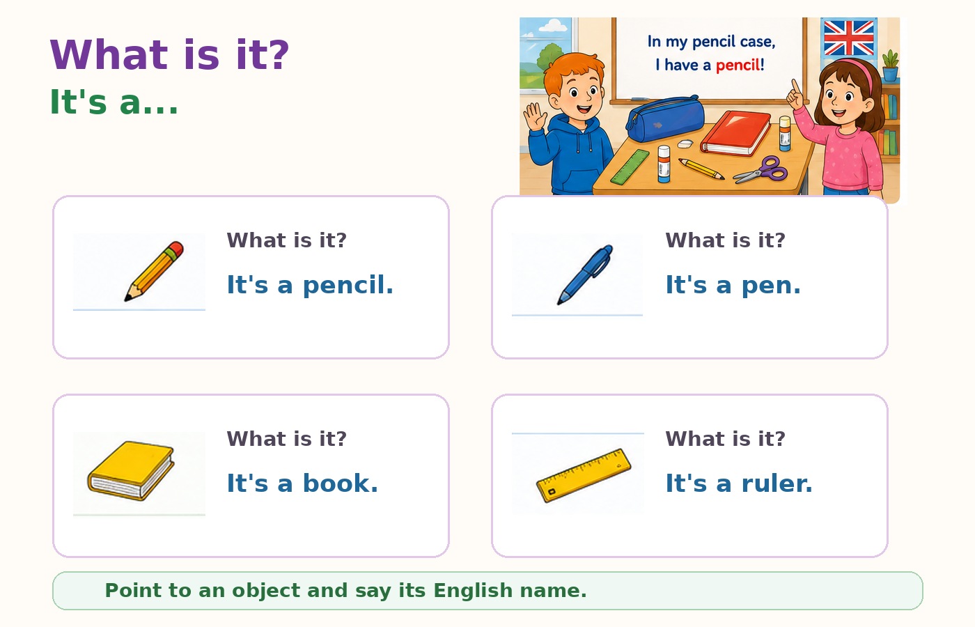 Cartes illustrées pour répondre à What is it?