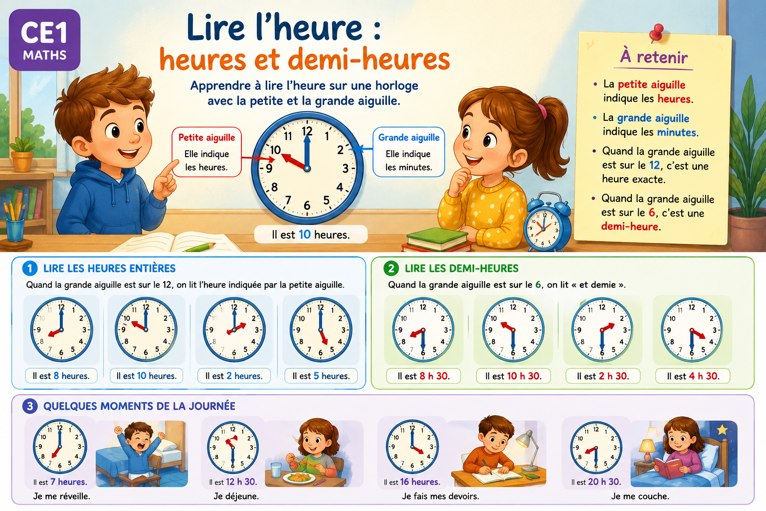 CE1 : lire l’heure, les heures et les demi-heures