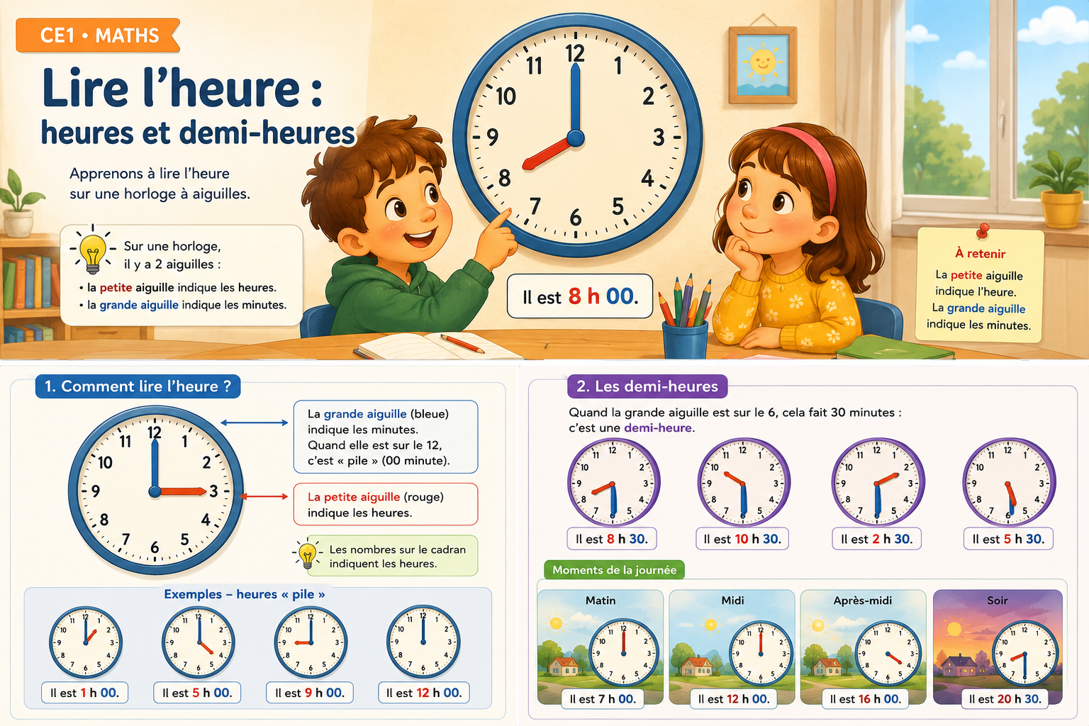 CE1 : comment lire l’heure sur une horloge