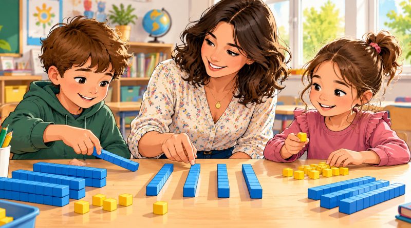 Deux élèves utilisent des barres de dix et des cubes à l’unité pour apprendre à ajouter et à retirer une dizaine