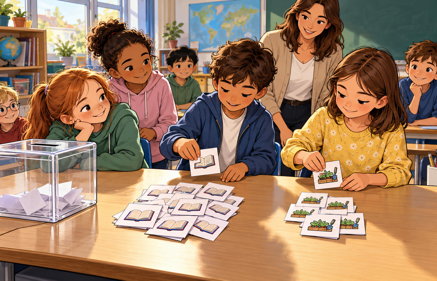 Élèves comptant des bulletins pour deux propositions : coin lecture ou jardin de classe