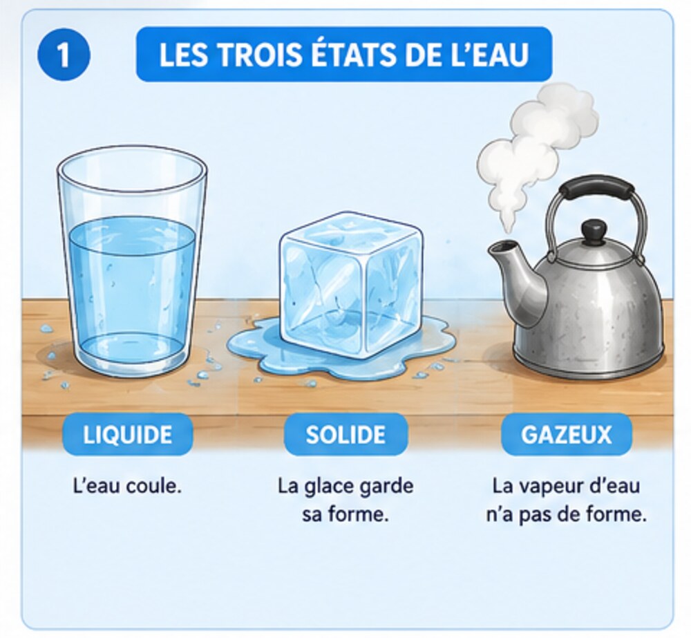 Les trois états de l’eau : solide, liquide et gazeux