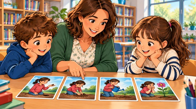 Des élèves remettent les cartes d’une histoire dans l’ordre avec leur enseignante
