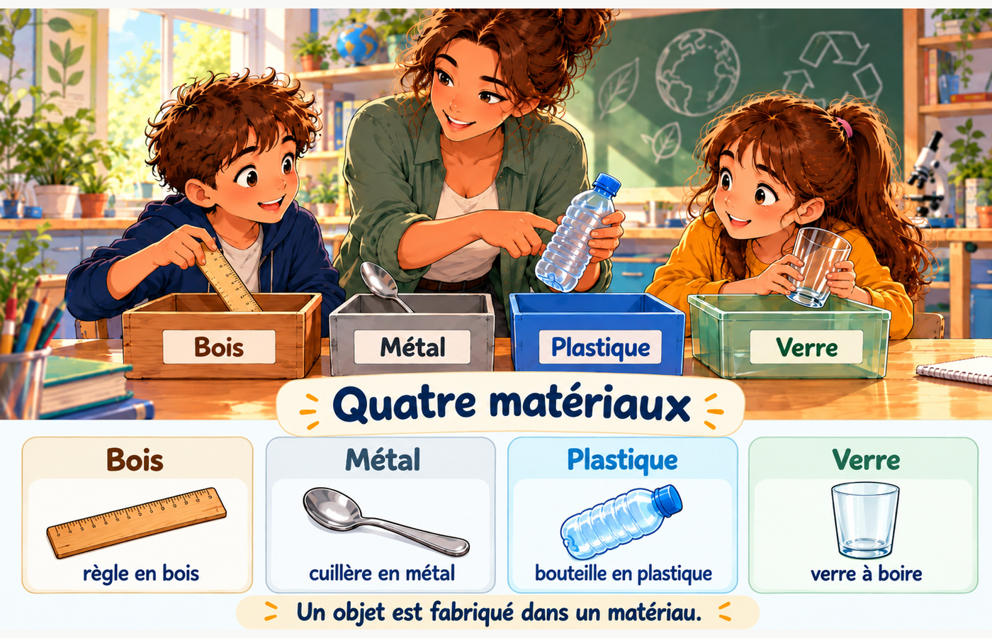 BD : une règle en bois, une cuillère en métal, une bouteille en plastique et un verre à boire