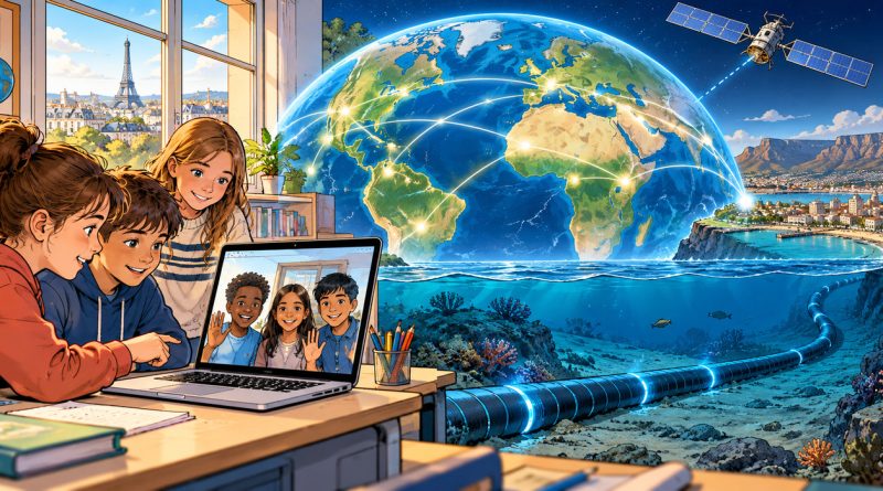 Des élèves communiquent par Internet ; les continents sont reliés par des réseaux et des câbles sous-marins (illustration)
