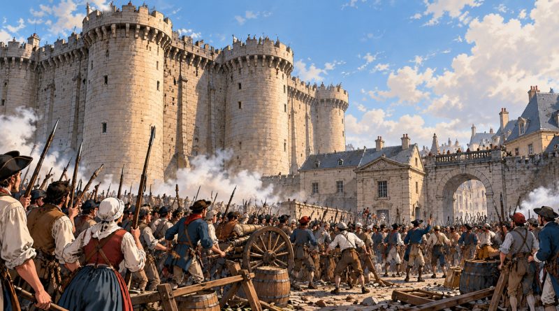 Reconstitution illustrée de la prise de la Bastille à Paris le 14 juillet 1789