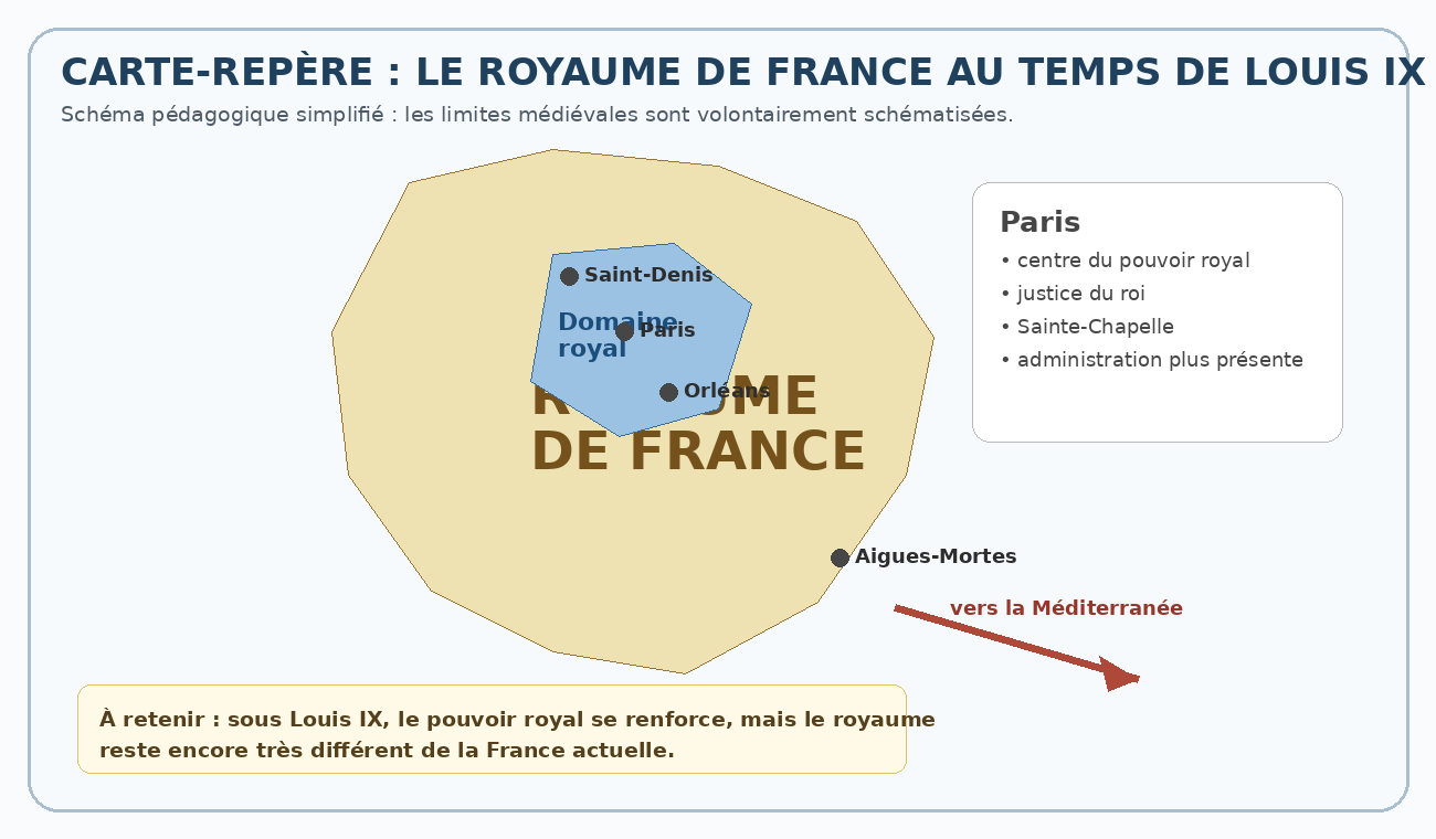 Carte-repère simplifiée du royaume de France au temps de Louis IX, avec Paris, Saint-Denis, Orléans et Aigues-Mortes