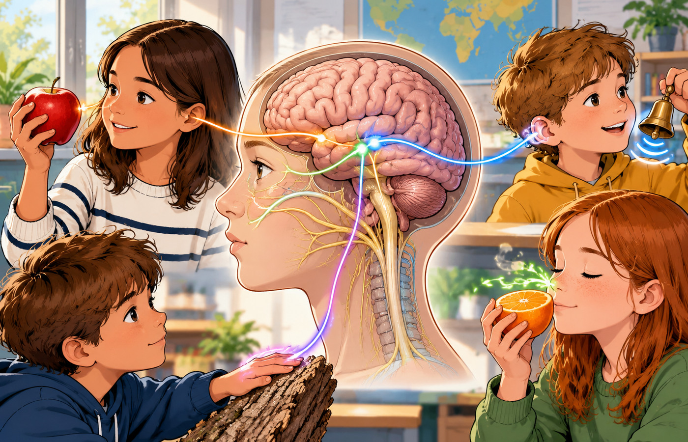 Des élèves observent, sentent, écoutent et touchent ; le cerveau traite les informations sensorielles