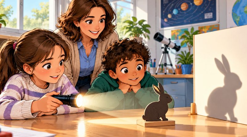 Expérience de sciences : une lampe éclaire un lapin découpé qui projette une ombre sur un écran