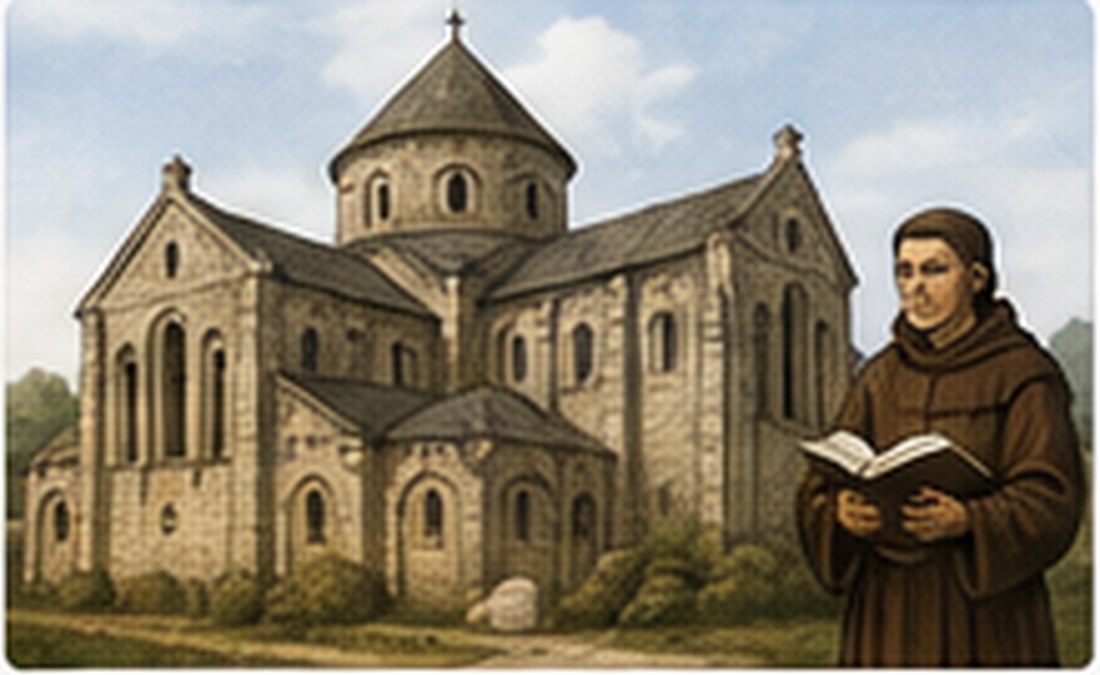 Illustration pédagogique d’une église et d’un religieux au Moyen Âge