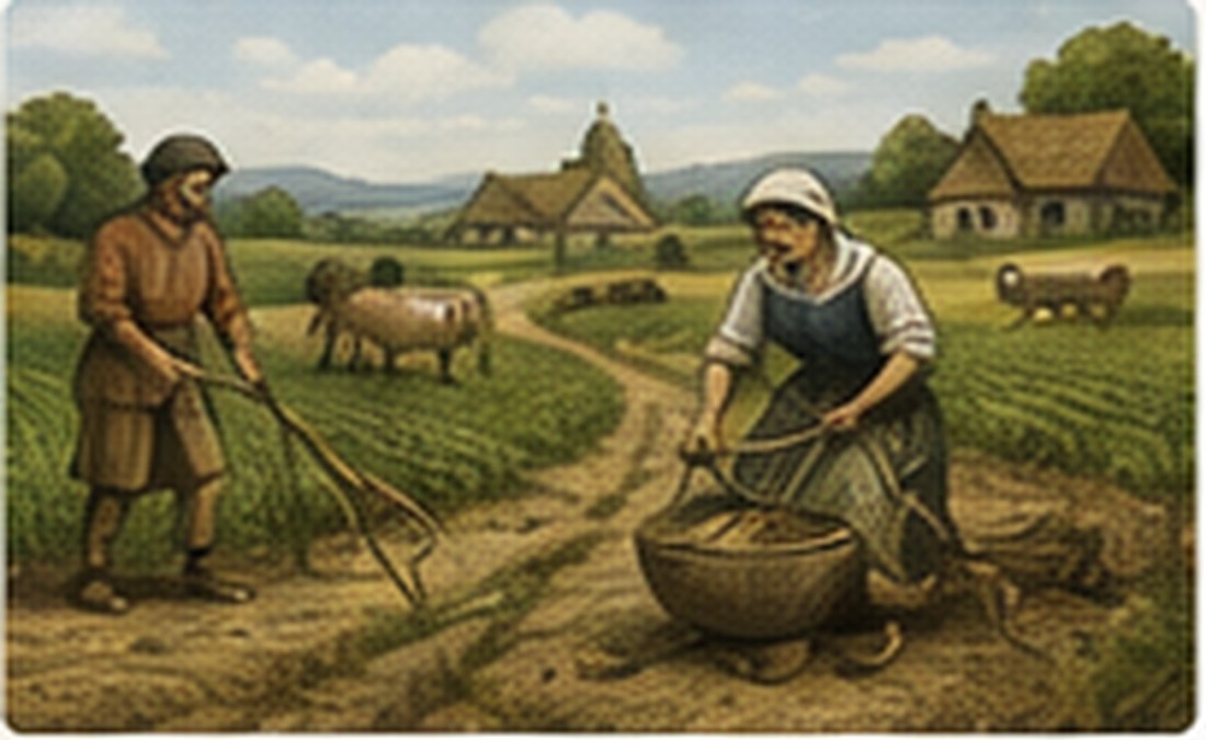 Illustration pédagogique de paysannes et paysans travaillant dans les champs au Moyen Âge