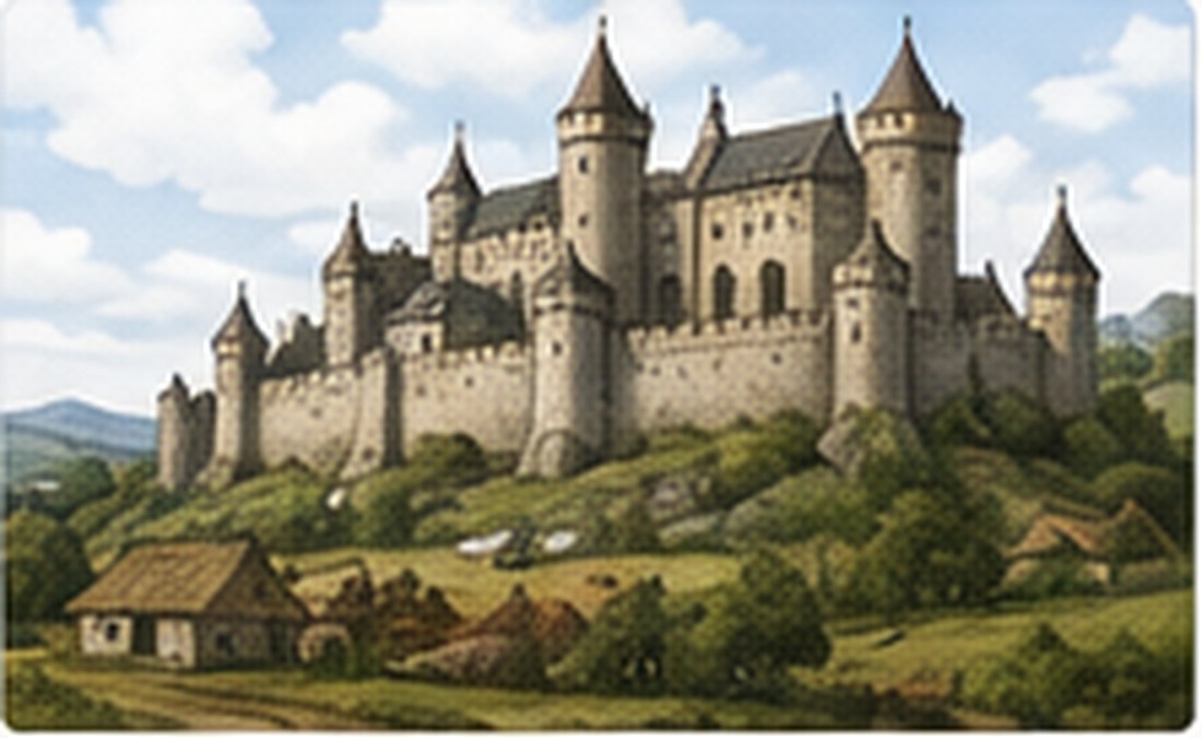 Illustration pédagogique d’une seigneurie médiévale avec château et terres cultivées