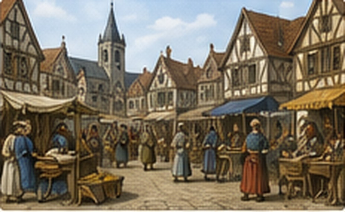 Illustration pédagogique d’un marché et d’artisans dans une ville médiévale