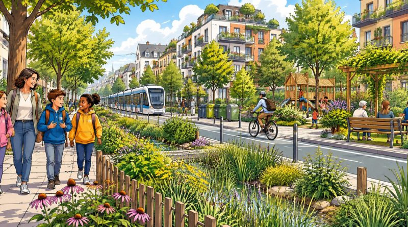 Quartier urbain avec tramway, arbres, cheminements à vélo et espace vert accessible