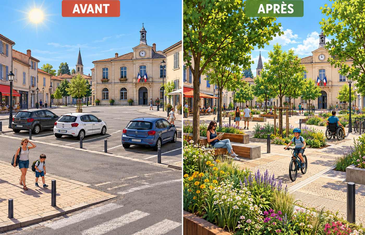 Une place de ville avant et après un réaménagement favorable aux arbres, aux piétons et aux usages partagés