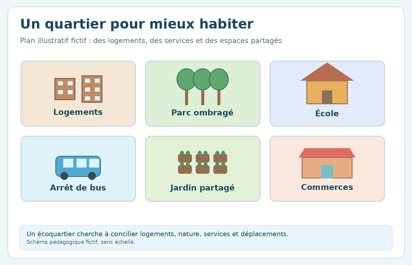Plan illustré fictif d’un écoquartier associant logements, parc ombragé, école, arrêt de bus, jardin partagé et commerces