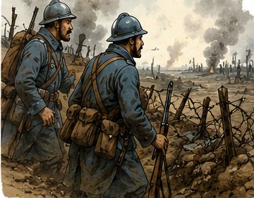 Illustration de soldats français avançant près d’une tranchée pendant la Première Guerre mondiale