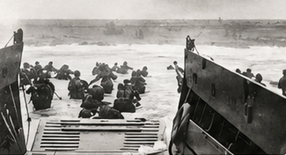 Illustration pédagogique du débarquement allié sur une plage de Normandie en juin 1944