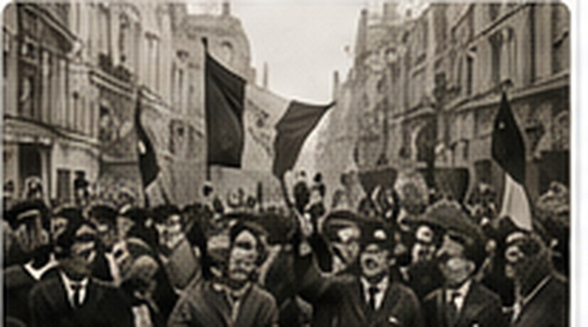 Illustration pédagogique d’une foule célébrant la Libération avec des drapeaux français