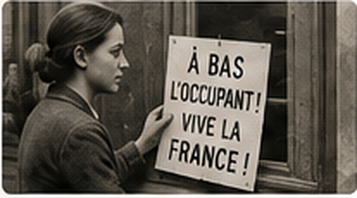 Illustration pédagogique d’une résistante affichant un message contre l’Occupation