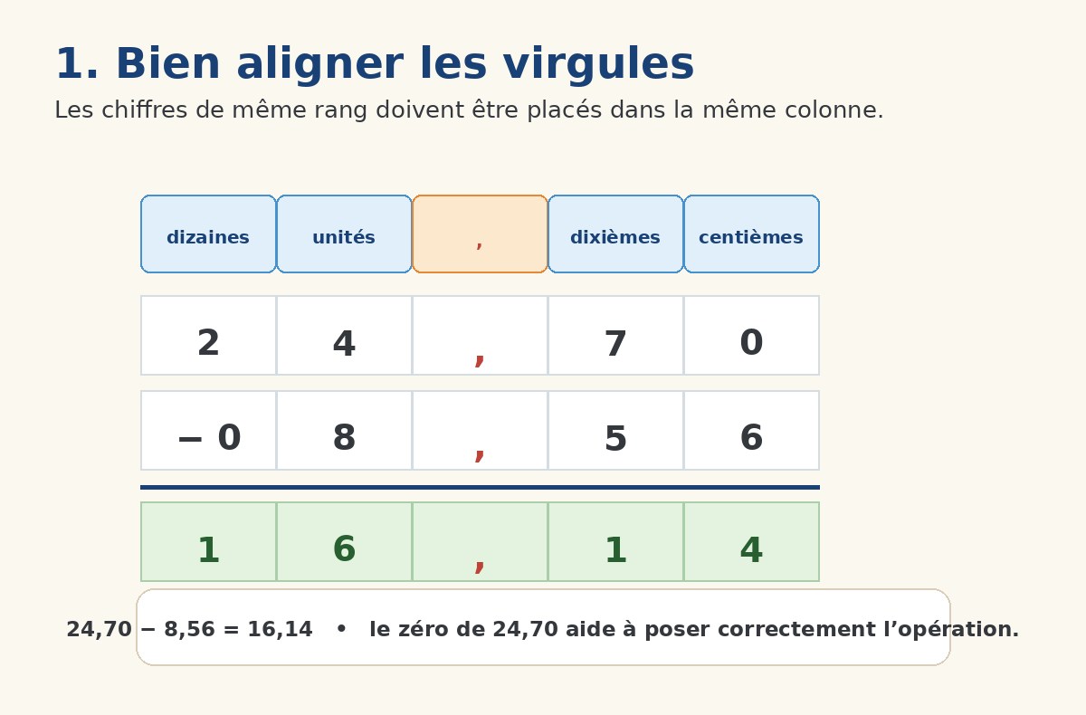 Aligner les virgules pour poser une soustraction de nombres décimaux
