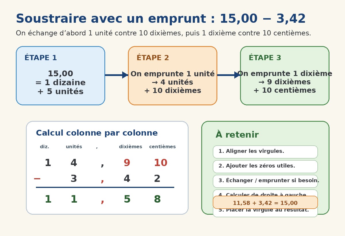 Soustraction décimale : emprunts et vérification