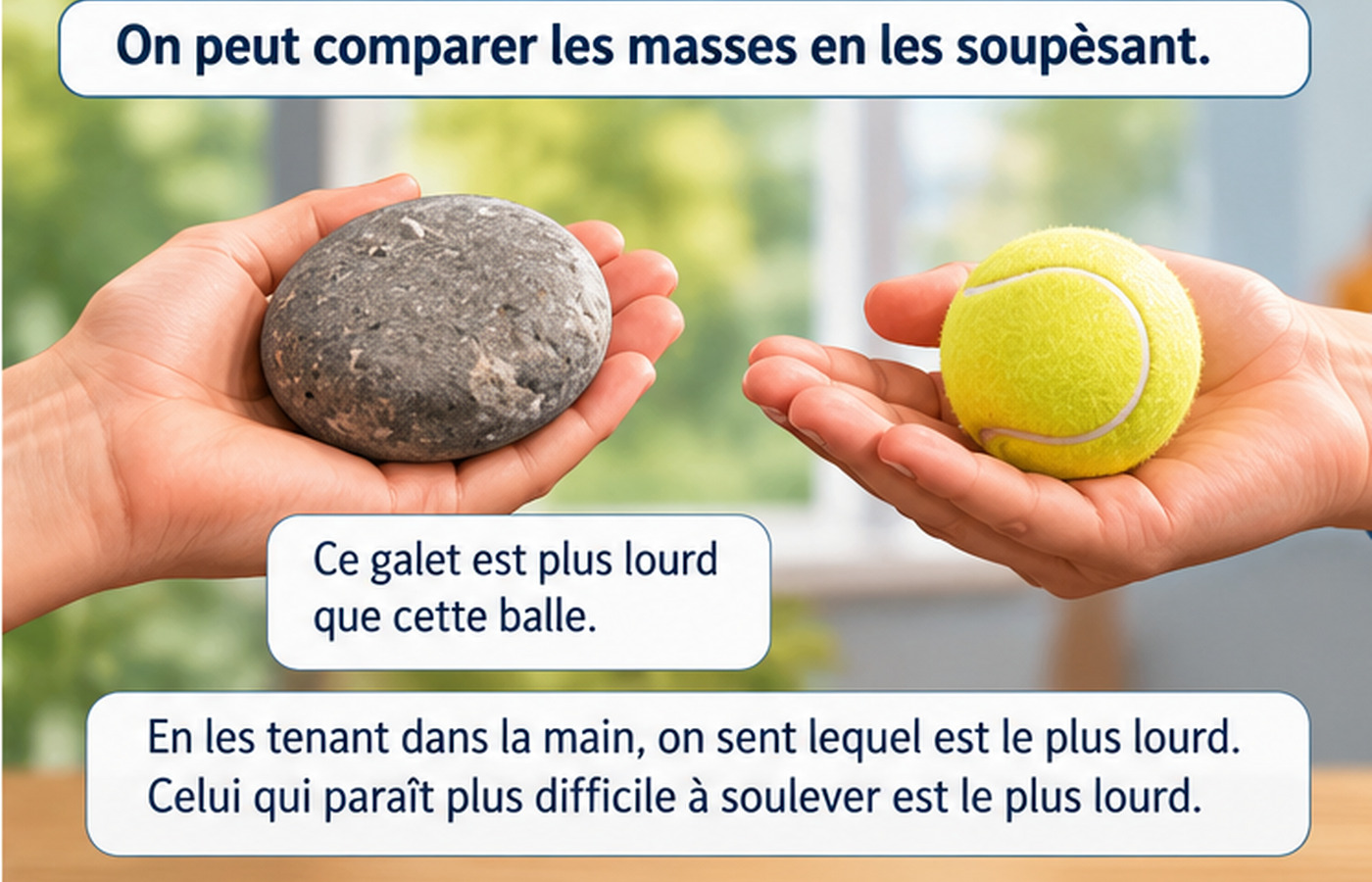 Soupeser un galet et une balle pour comparer leurs masses