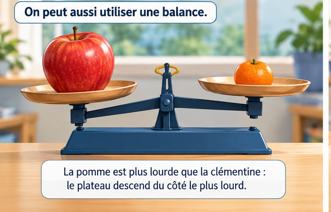 Balance à deux plateaux : la pomme fait descendre son plateau face à la clémentine