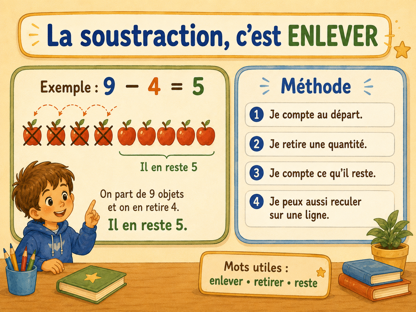La soustraction, c’est enlever : exemple 9 moins 4
